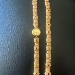 Vtg.Etruscan Panel Bracelet & Watch Set 925 Silver Multi Color Gemstones